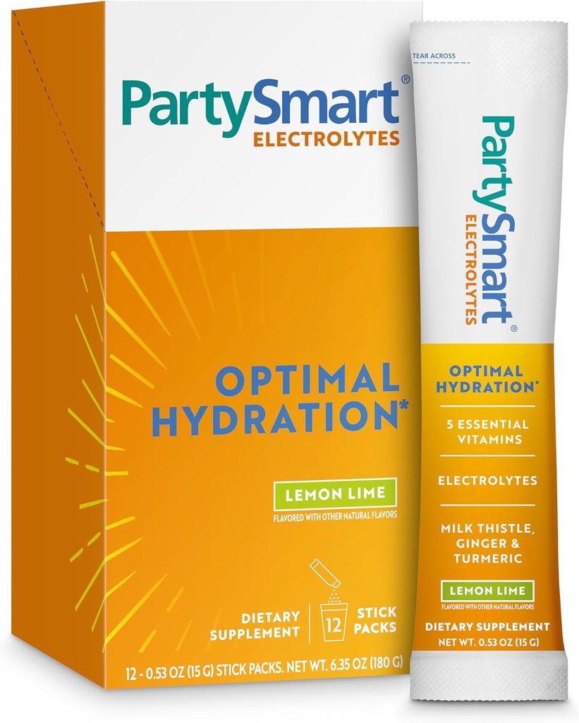 Himalaya PartySmart Lemon Lime Electrolytes Powder Packets, 12 Tellen, Ondersteuning Hydratatie, Rehydrateren met Natrium & Kalium, Vitamine C & meer, Antioxidant Herstel Blend Milk Thistle, Gember & Kurkuma