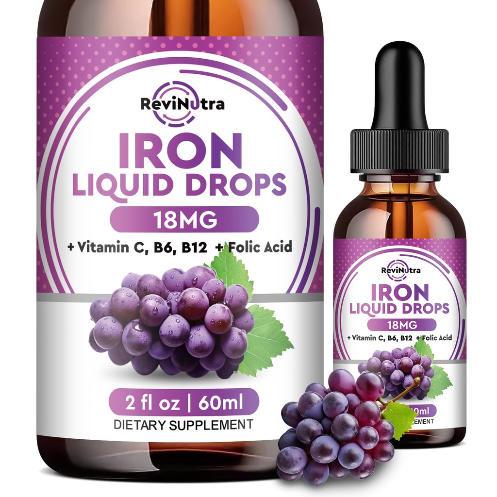 Liquid Iron Supplement voor vrouwen, mannen en kinderen - vloeibare ijzerdruppels met folaat, vitamine C, B6, B12 voor anemie, rode bloedcel, energie ondersteuning - druivensmaak, 2 Fl Oz