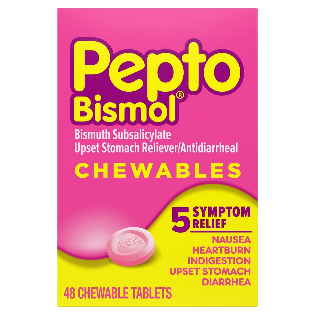 Pepto Bismol Kauwtabletten voor misselijkheid, brandend maagzuur, indigestie, verstoorde maag en diarree - 5 Symptoom Fast Relief, originele smaak, 48 ct