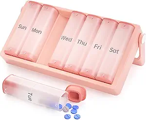 Weekly pil Organizer 2 keer per dag, KOV IOO Large Travel pil Box 7 Dag, Am Pm Tweemaal daags pil geval met roterende handvat, pil houder Container voor vitamine, geneeskunde, supplement, visolie, roze