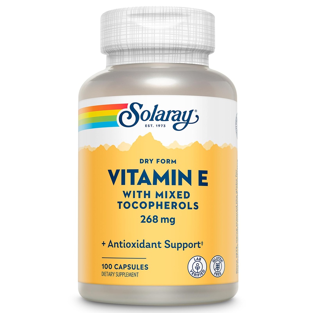 SOLARAY Vitamine E 400 IE (268mg), Droge vorm - Natuurlijke Bron, Gemengde Tocoferolen Vitamine E - Antioxidant Supplement, PMS en Menopauze Ondersteuning - 60 dagen garantie, Lab geverifieerd - 100 Serv, 100 capsules