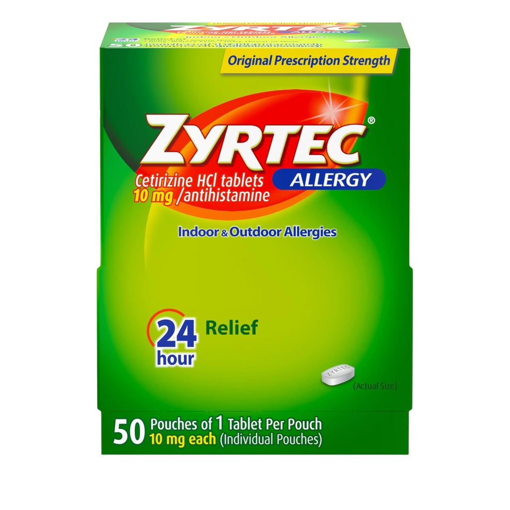 Zyrtec 24-uurs Allergie Relief Tablets, Individually Wrapped Indoor and Outdoor Allergie Medicine with 10 mg Cetirizine HCl per Antihistamin Tablet, 1 Tablet Per Pack, 50 ct Dispensit Pack