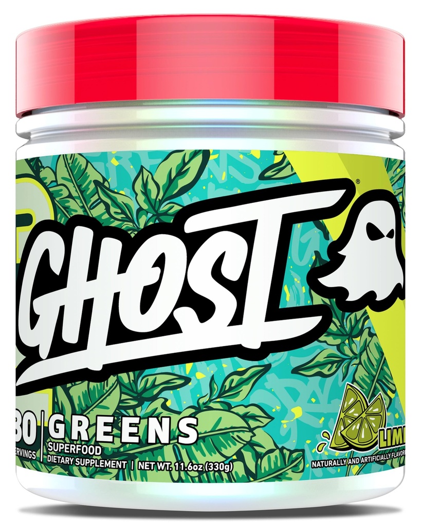 GHOST Greens Powder, Lime - 30 Servers - 19 Superfood Greens & Reds Powder, Fruits, Groenten, Spirulina, & Chlorella, Prebiotica, 10 Miljard CFU Probiotic & Digestieve enzymen - Glutenvrije