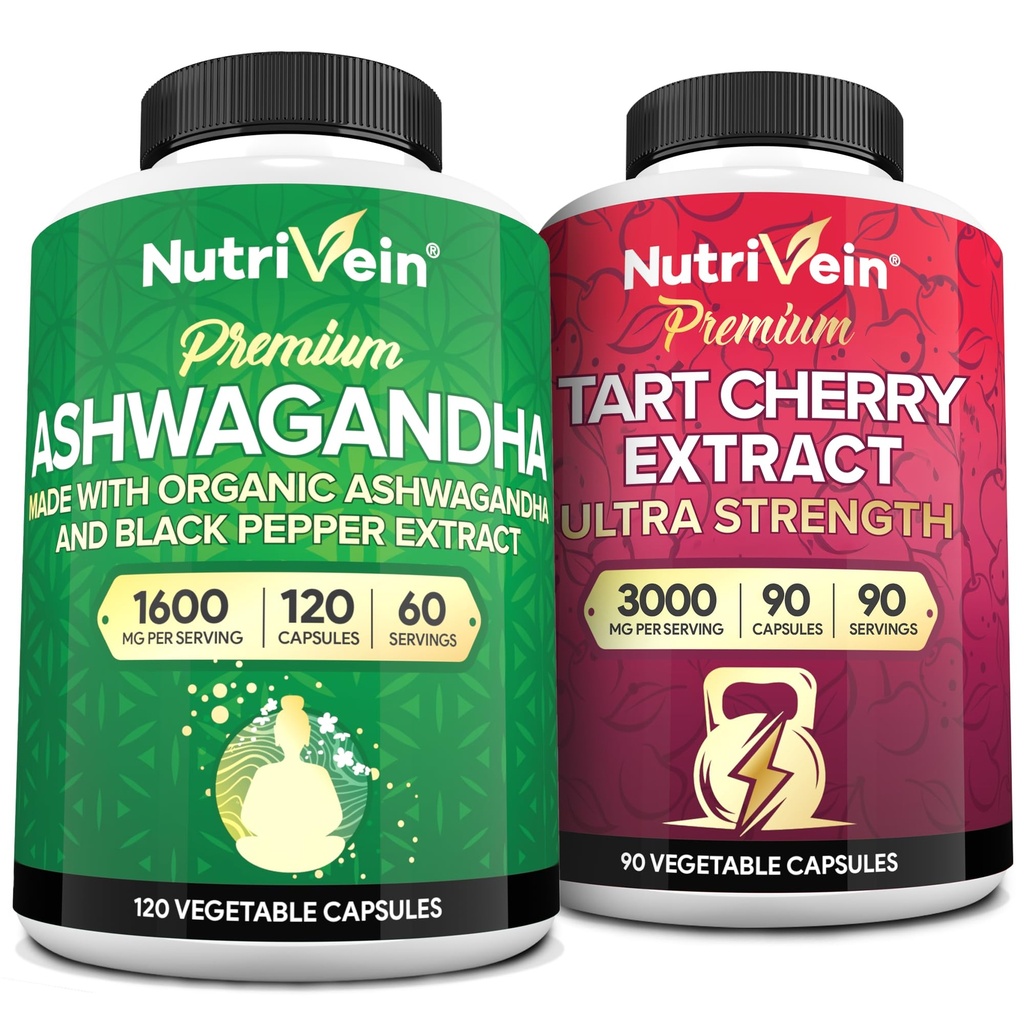 Nutrivein Premium Ashwagandha Capsules & Tart Cherry Capsules bundel: High-Absorptie Tart Cherry Extract en Ashwagandha Supplementen voor herstel, evenwicht en vitaliteit