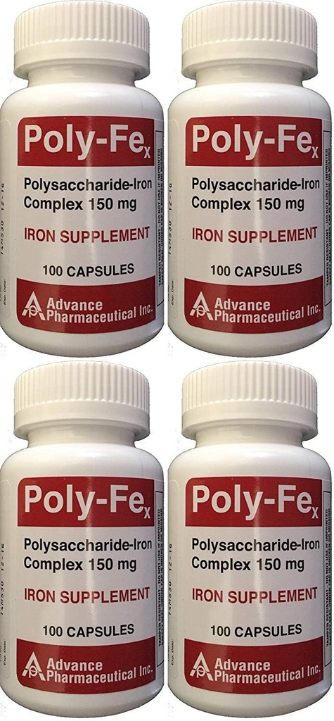 Polysaccharide Iron Complex 150 mg Capsules Iron Supplement 100 Capsules per fles Verpakking van 4 Totaal 400 Capsules