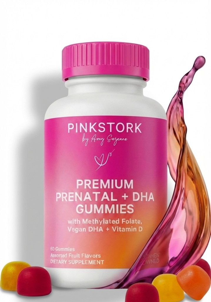 Roze Ooievaars Premium Prenatale Gummy Vitaminen met DHA, Folaat en Vitamine D - Multivitamine en Nutriënt Blend voor Neurale Tube en foetus Hersenontwikkeling - Zwangerschap Must Haves - 60 Vegan Gummies