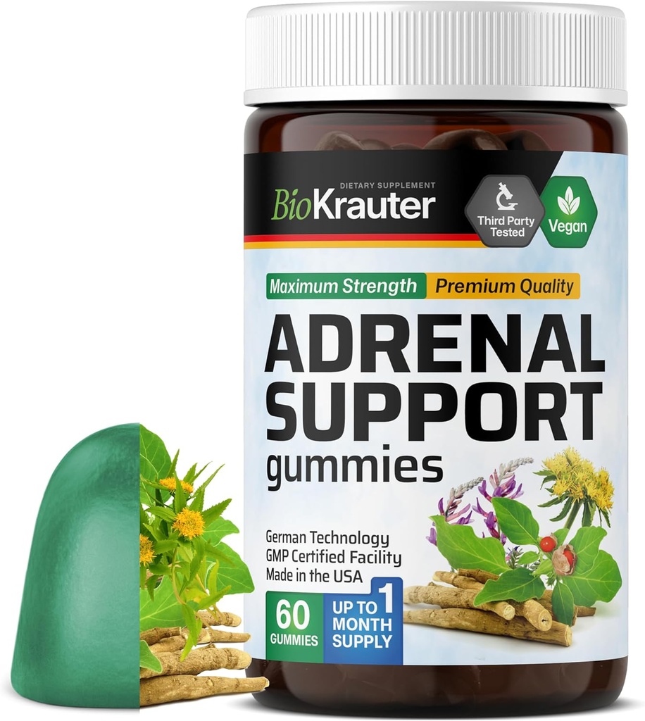 BIO KRAUTER Adrenal Support Gummies - 60 Kauwen - Rhodiola & Ashwagandha Gummies met Vitaminen C, B6, B12 - Vegan Mood Support Supplement