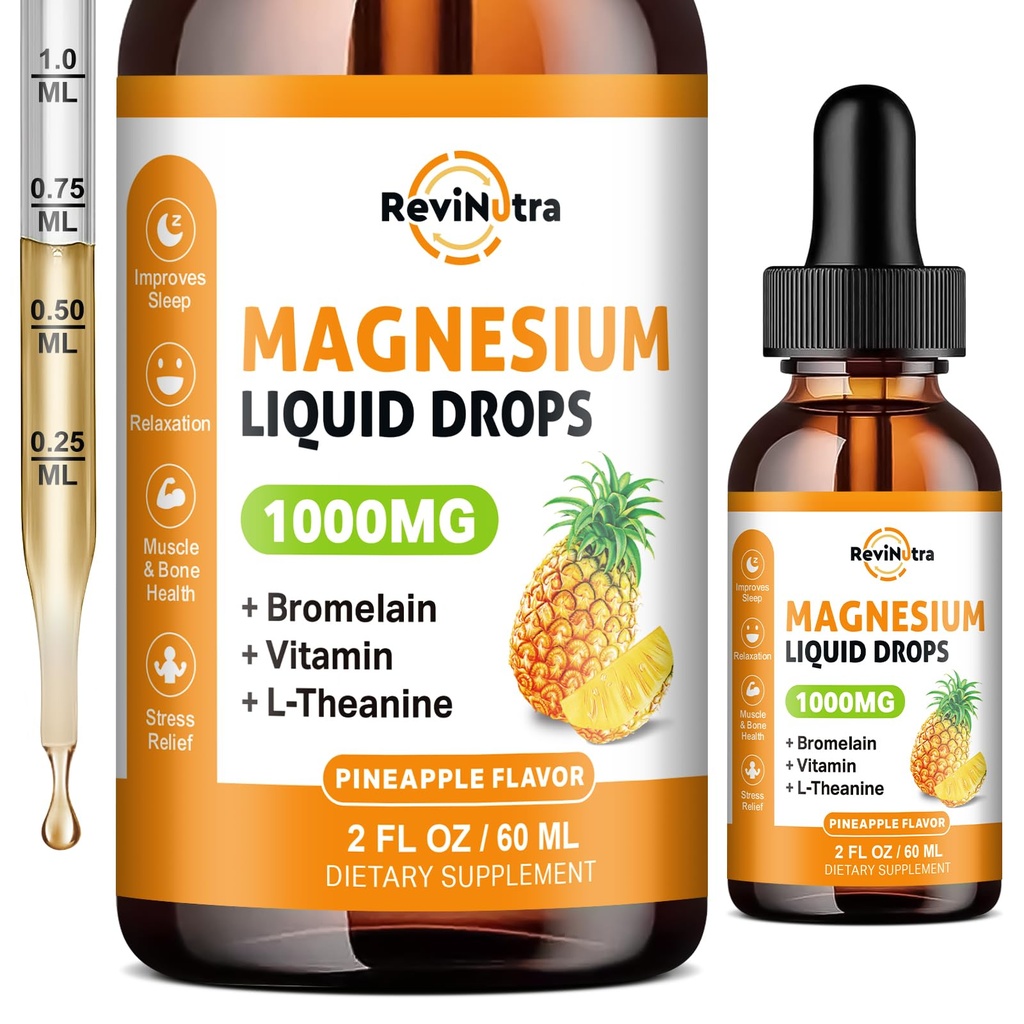 Magnesium Glycinate Liquid Drops, 1000mg Liquid Magnesium Complex Supplement voor Slaap, Zenuw, Energie, Spier, Bot, Kalm & spijsvertering, Hoge Absorptie, 2 Fl Oz, Suikervrije Ananas Smaak