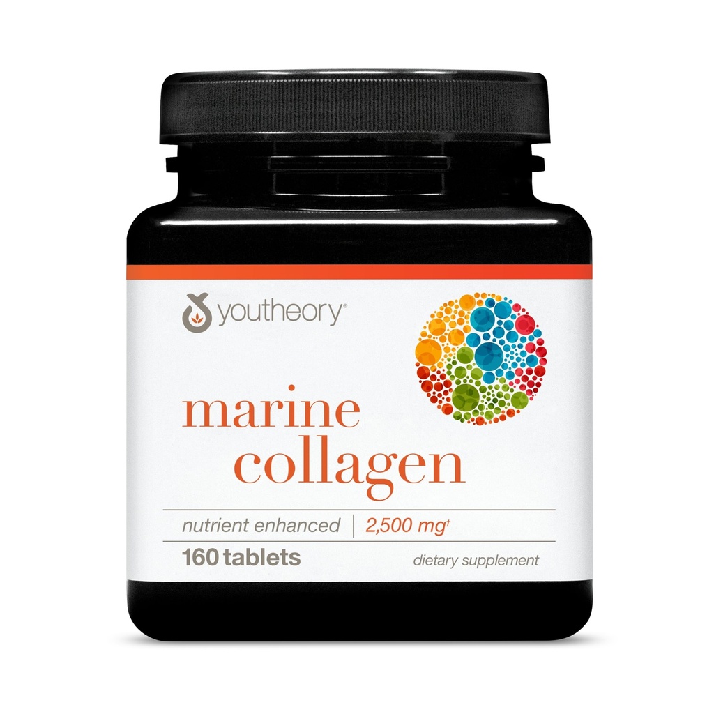 Youtheory Marine Collageen Tablets - 2.500 mg Fish-Sourced Collagen Peptides- with Vitamins A, C, E, B6 & B12 - Supports Joint & Nail Health* - Highly Absorbable - 160 Tablets (32-Day Supply)