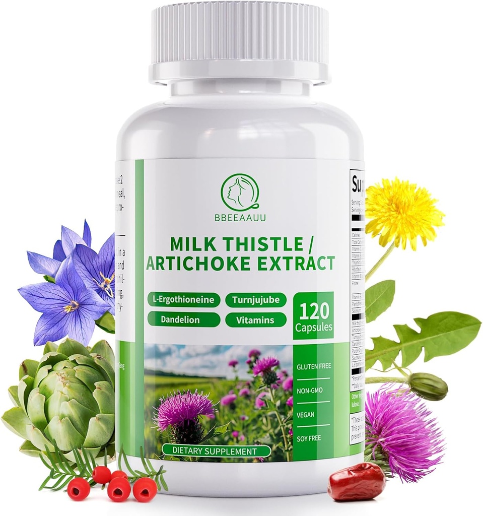 Melkdistelsupplement, leverreiniging Detox & Repair Formula, 16-in-1 Herbal Lever ondersteuning Pillen met Artichoke, L-Ergothioneine, Turnjube Dandelion Extract voor lever & Antioxidant 120 Capsules