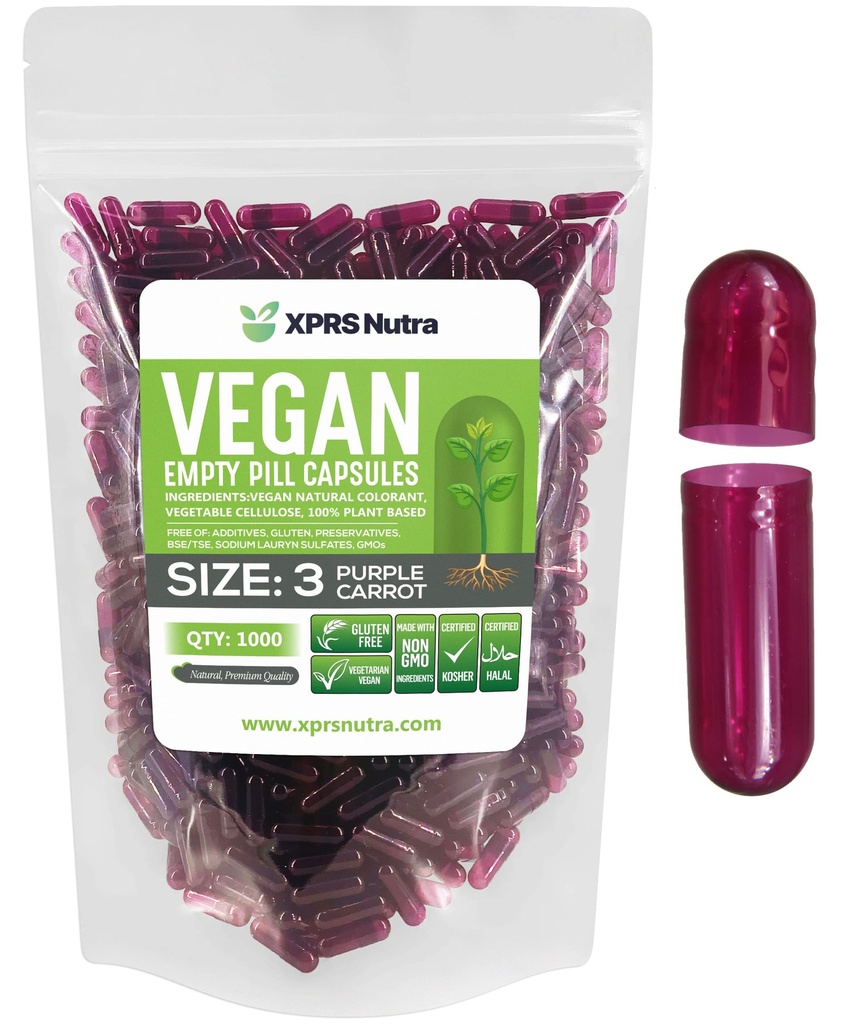 XPRS Nutra Maat 3 Lege Capsules - 1000 Graaf Lege Veganistische - Vegetarische Pillen - DIY Plantaardige Capsule Filling - Veggie Pill Caps (Purple Wortel)