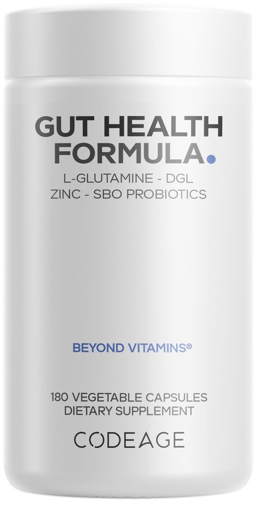 Codeage Gut Health Supplements Vegan Formula - L Glutamine, Zinc, Turkey Tail Mushroom Powder, Tonic Mushroom, Maitake, Micro Algae, Mineral, Licorice Root DGL - Probiotics, Prebiotics - 180 Capsules