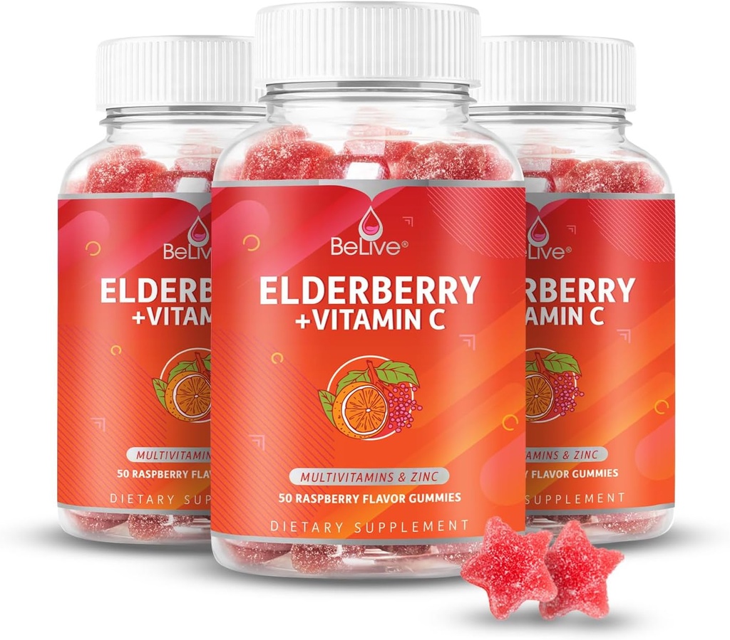 BeLive Vlierbessen Gummies met zink en vitamine C - Immune Support Supplement met vitamine D, A, E, B12 - Gummies voor gezonde botten & tanden, Vegan, Keto & Non-GMO - Raspberry Flavor 3-pack