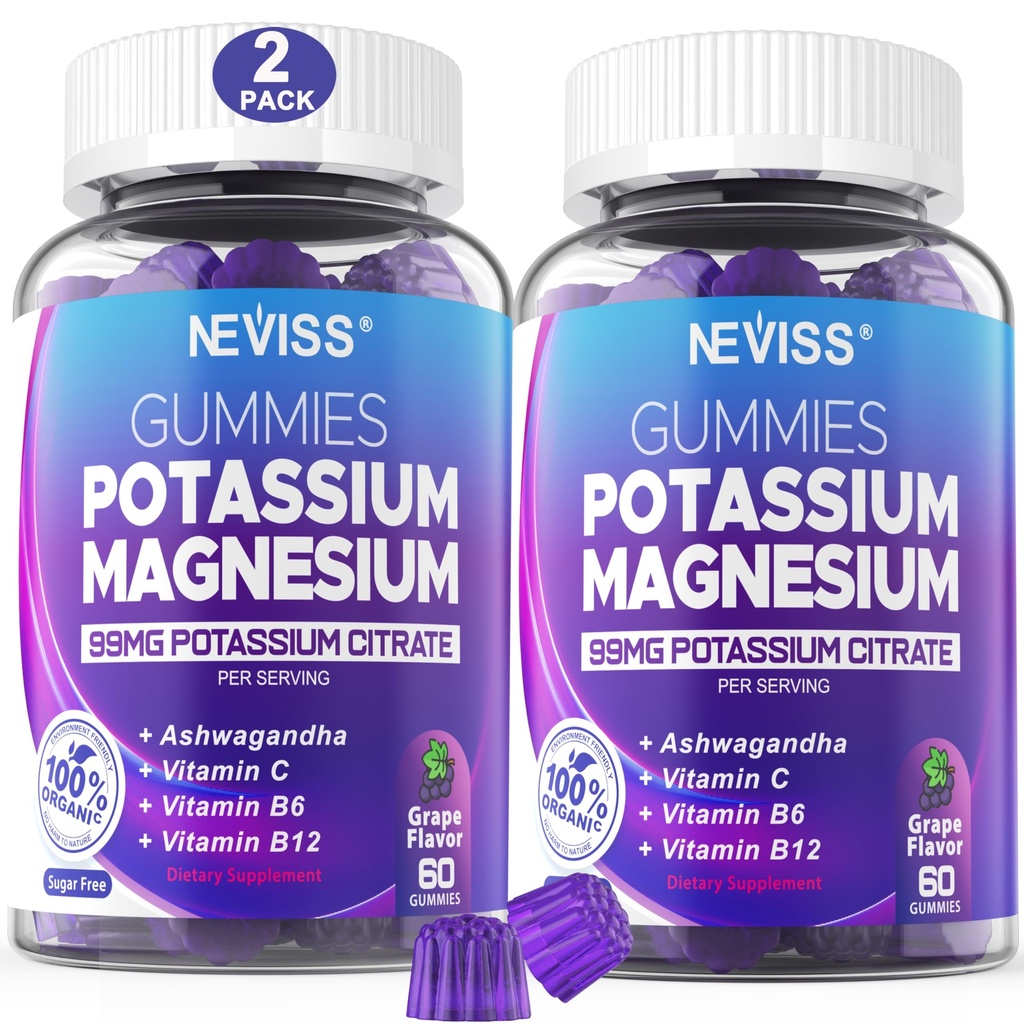 Kalium Magnesium Gummies - Kaliumsupplement w/Ashwagandha 200mg, Magnesium Glycinate,B6,B12,P-otassium citraat voor beenkrampen,Muscle,Electroyte voor volwassenen Kids, Sugar-Free, 2 Pack