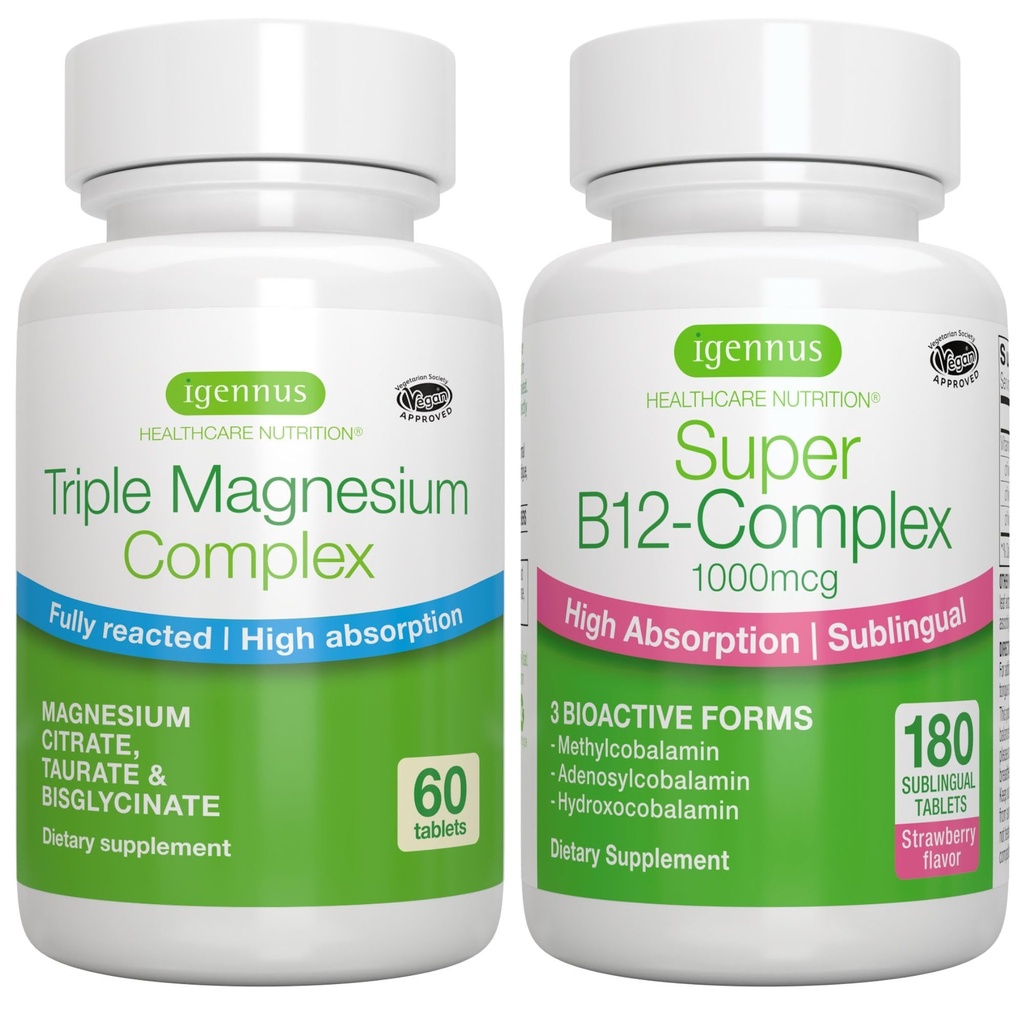 Triple Magnesium Complex + Super B12-Complex Energy Bundle, High Absorptie Chelated Glycinate, Taurate & Citrate Magnesium + High Absorptie Sublingual B12, Vegan, door Igennus