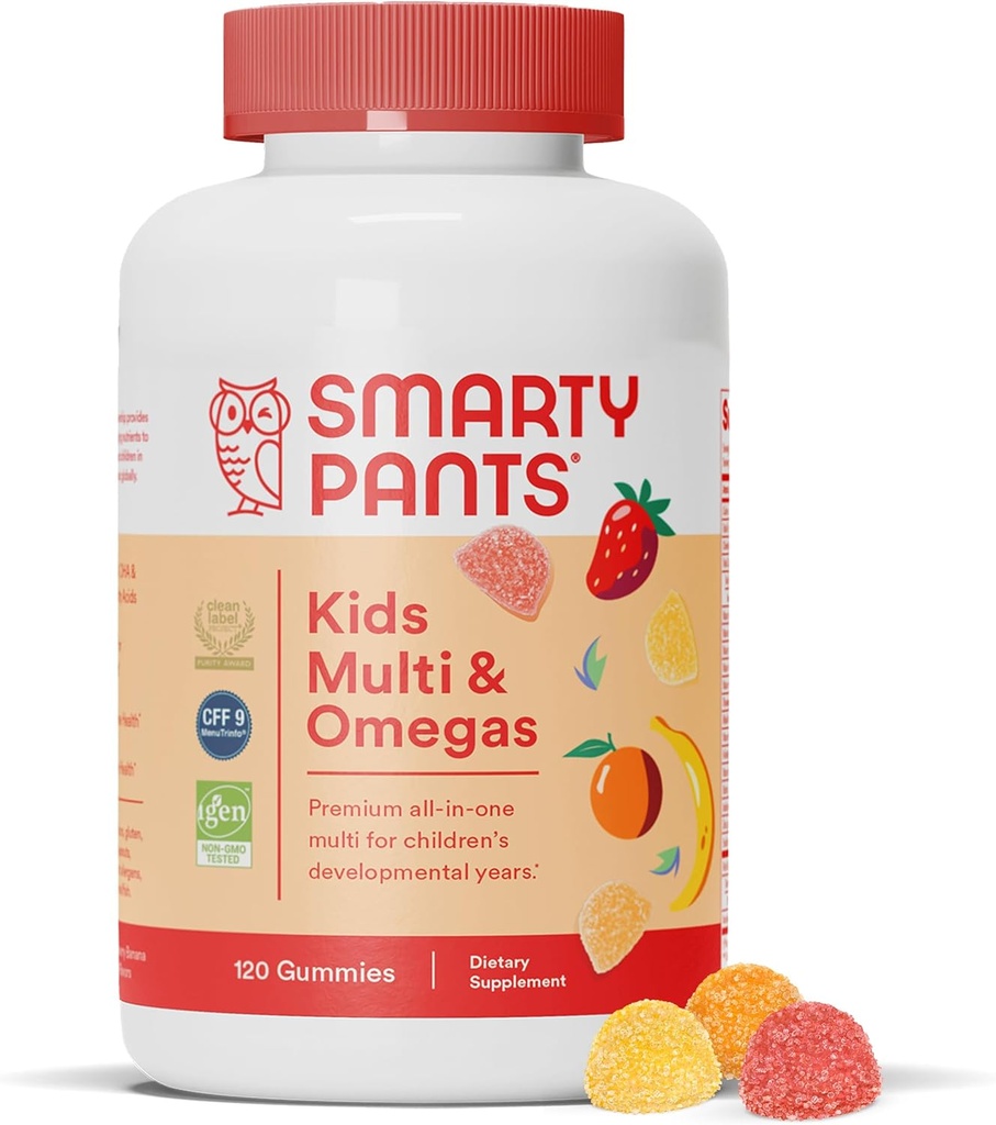 SmartyBants Kids Complete Gummy Vitaminen: Multivitamine, Vitamine D3, B12 (Methylcobalamine), EN Omega 3 DHA / EPA Visolie, 120 telling