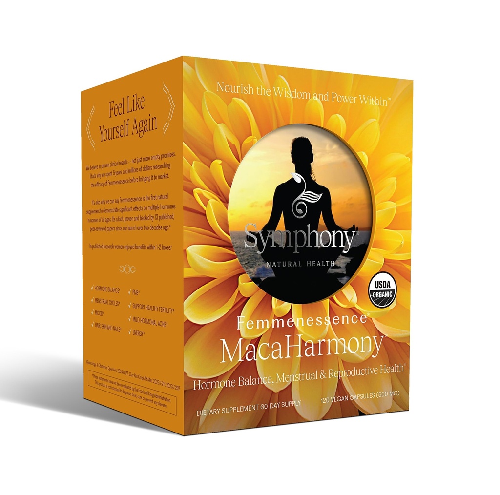 Femmenessence® MacaHarmony® – Clinically Studied Hormone Balance Support for Menstrual Health, PMS Relief, Mood, Skin & Fertility, 120 Natural Organic Vegan Capsules (60 Day Supply)