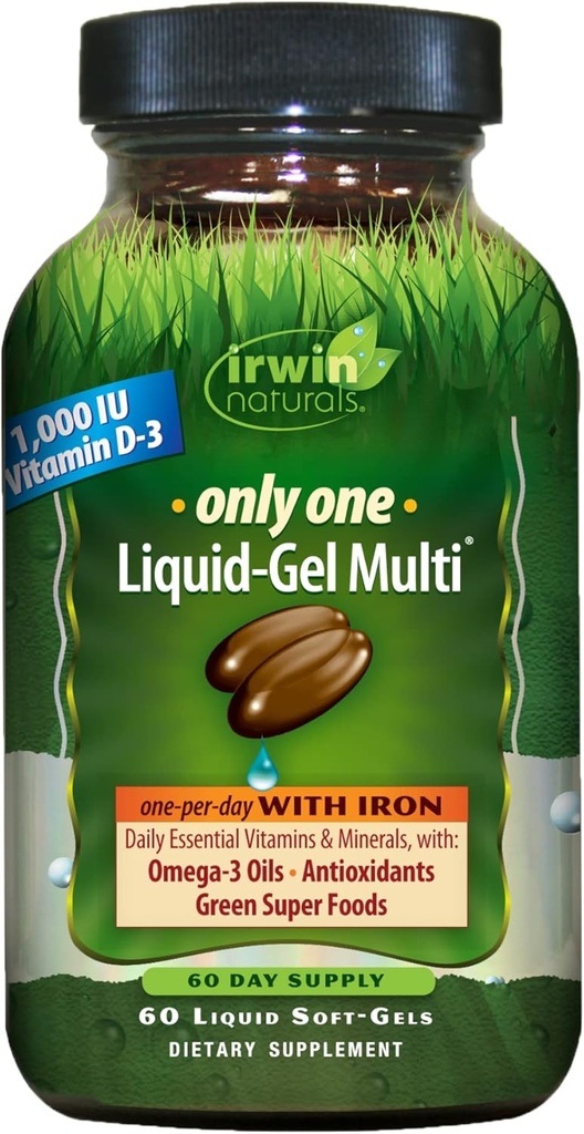 Irwin Naturals Only One Liquid-Gel Multi - 60 Softgels - One-Per-Day Multivitamine met ijzer, Omega-3 Oliën, Antioxidanten & Green Super Foods