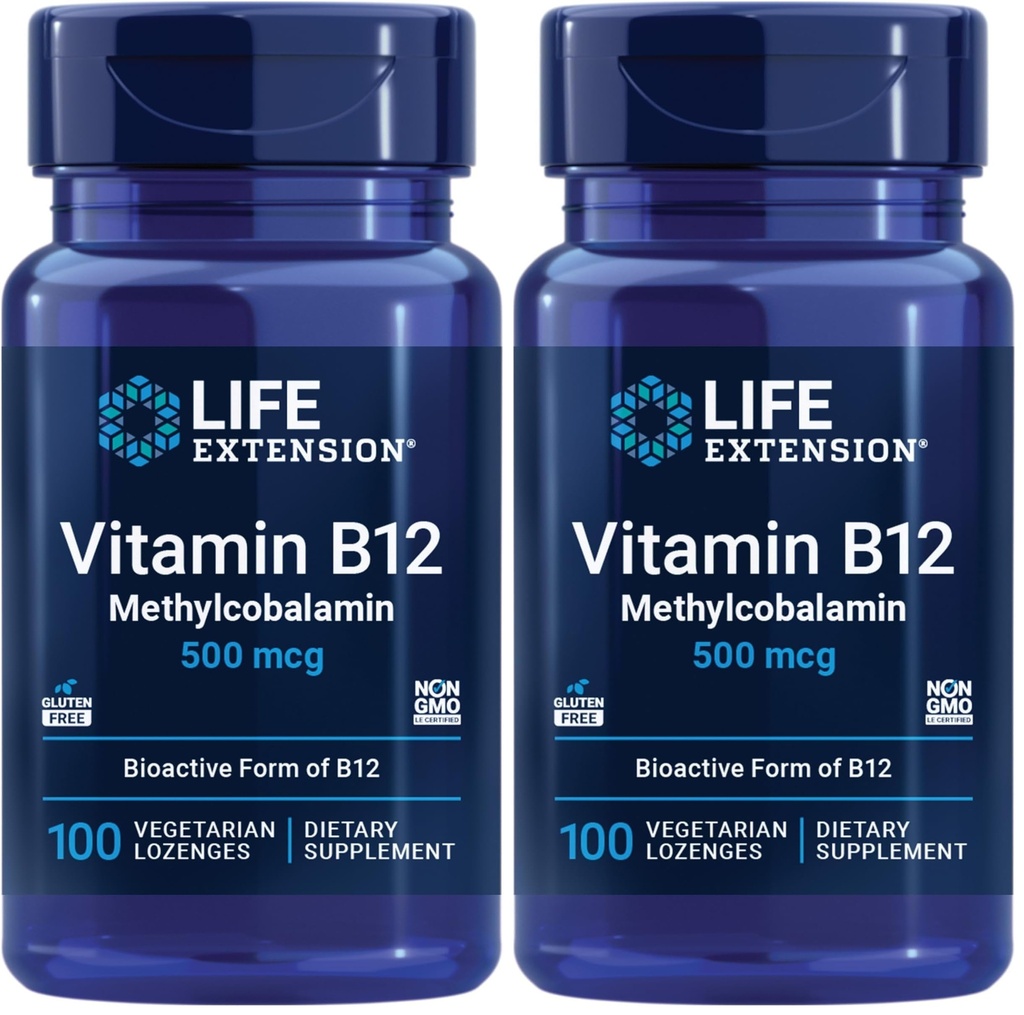 Levensverlenging Vitamine B12 Methylcobalamine 500mcg - Vitamine B12 Supplement voor Algemene Energie en Hersengezondheid - Suikervrije Vegetarische Lozen Los in uw mond - Eenmaal daags - 100 Tellen