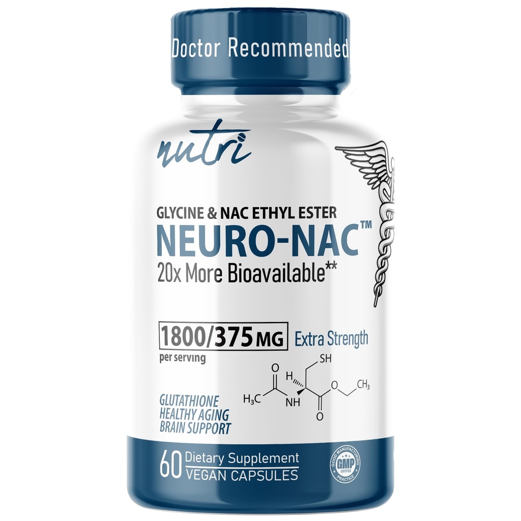 Nutri Neuro NAC Supplement 375mg Extra sterkte met 1800mg Glycine - N-Acetyl Cysteine Ethyl Ester - 20x More Biobeschikbaarheid - Boost Glutathion 10x More - 90 Vegan Capsules - 3rd Party Tested
