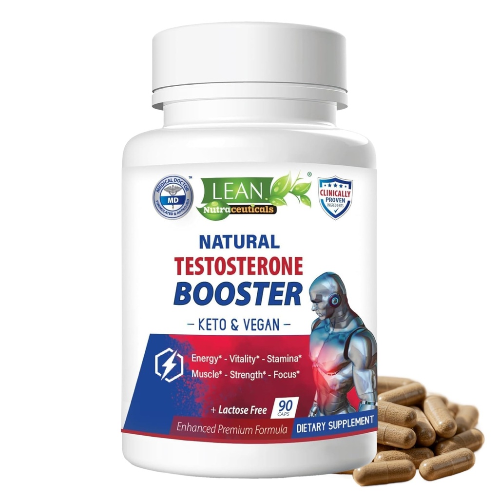 LEAN Nutra Testosteron Booster voor Mannen Natuurlijke Veganistische Supplement met Tongkat Ali, DHEA, Maca Root, Tribulus, Horny Goat Weed, Zink, Boron, D-Aspartic Acid Boost Strength, Energie, Spieren 90 Caps