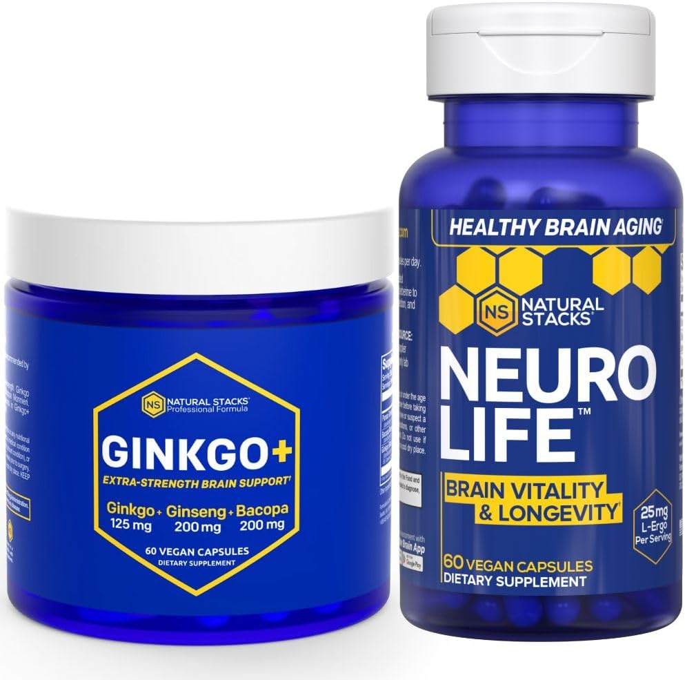 NATUURLIJKE STAKKEN Ginkgo Biloba + NeuroLife Supplement Bundle - Ondersteunt geestelijke prestaties & hersenduurzaamheid* - 120 Totaal Capsules