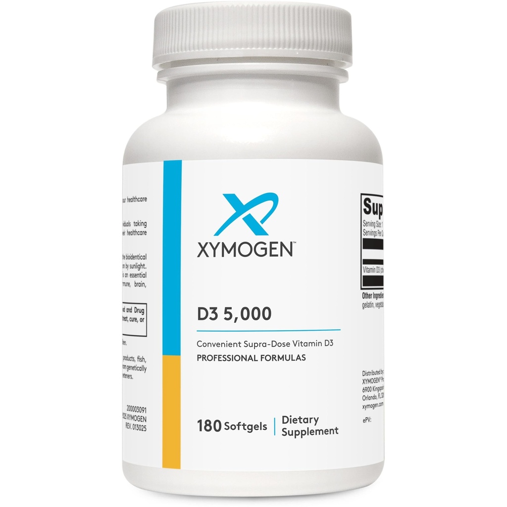 XYMOGEN D3 5000 - Bio available Vitamin D3 5000 IE (125 mcg) - High Potency Vitamine D Supplement to Support Immune Health, Bone + Heart Health (180 Softgels)