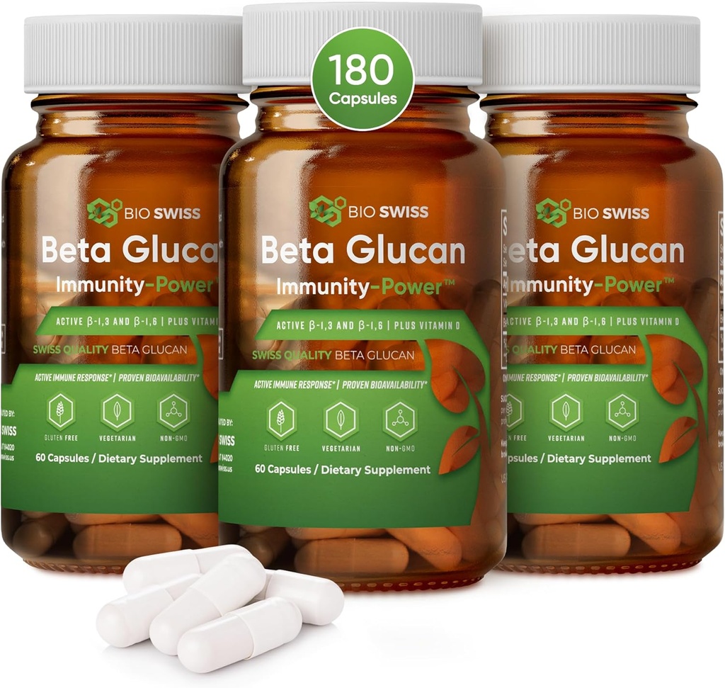 Bio Swiss Beta Glucan Immunity Power - 1,3D-1,6D Glucan with Vitamin D - Immune Support Supplement for Enhanced Defense and Wellness - Vegan, Gluten-Free (180 Capsules)