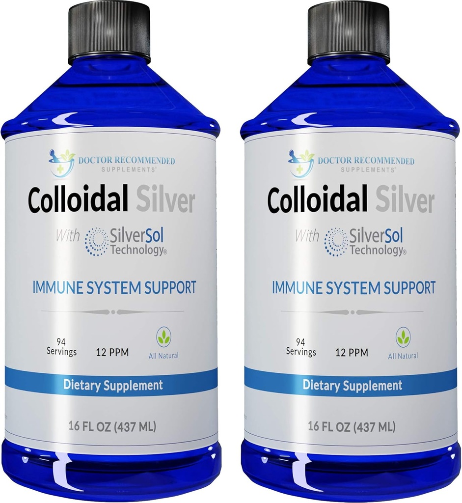 Colloïdale Silver Liquid - 12 PPM Premium Silver Solution, 60 MCG Per Serving, All Natural, Vegan Immune System Support, Ionic Silver Water Daily Mineral Supplement (2-16 Fl oz flessen)