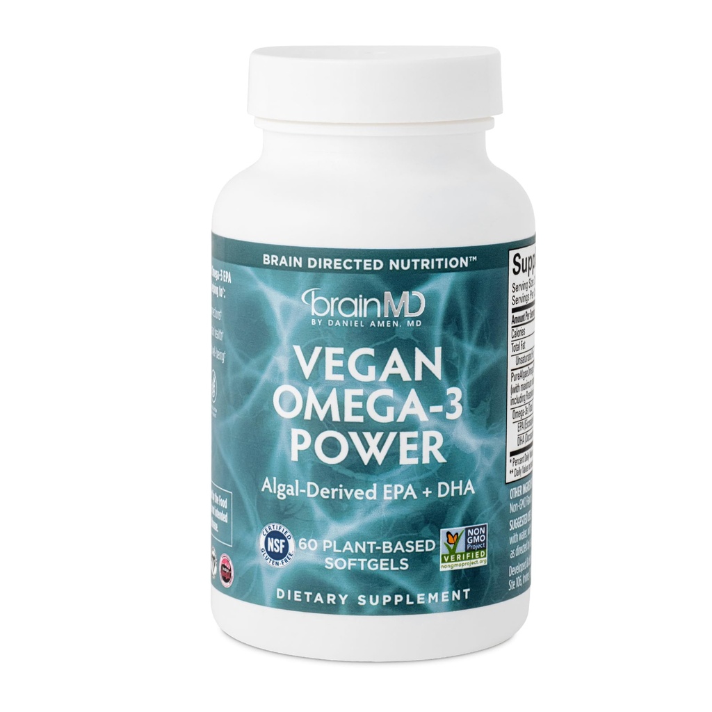 BRAINMD Dr Amen Vegan Omega-3 Power - 60 Plant-Based Softgels - 1,100 mg of EPA & DHA - Supports Focus, Memory & Heart Health - Vegan, Gluten Free & Non-GMO - 30 Servings