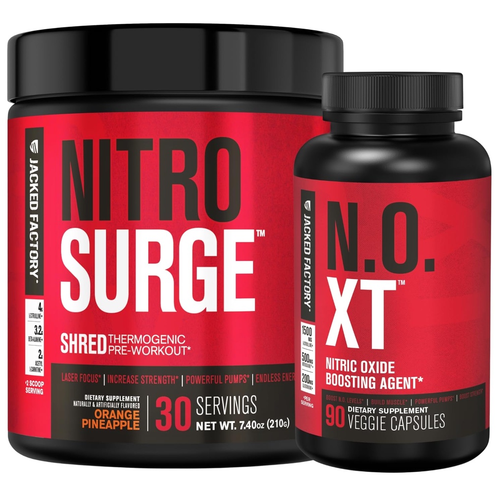 Ge Jacked Factory Nitrosurge Shred Thermogenic Pre-workout in Orange Ananas & N.O. XT Nitric Oxid Booster voor mannen en vrouwen