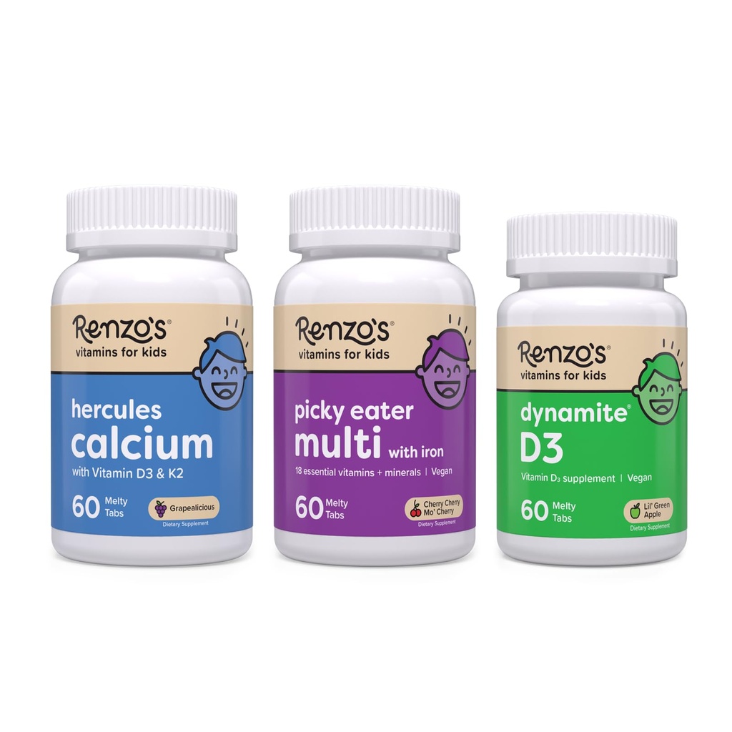 Renzo's Vitaminen Sterker nu bundel - Picky Eater Kids Multivitamine, Hercules Calcium, en vitamine D3 voor kinderen