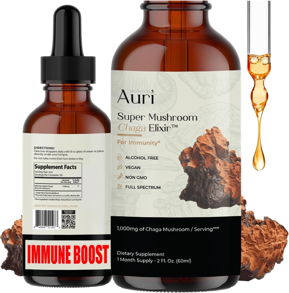 Auri Super Chaga Elixir - Paddestoel Superfood Liquid Supplement met volledige Spectrum Immune Ondersteuning van Oxidatieve Stress en Energie Lift - Chaga Tinctuur 60ml