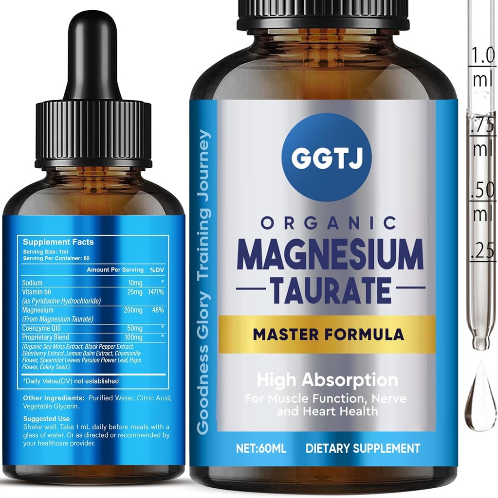 Magnesium Taurate, Magnesium Taurate Liquid Drop, Hoge Absorptie Magnesium Supplement voor Cardiovasculaire Gezondheid, Spier en Zenuwfunctie, 2 oz
