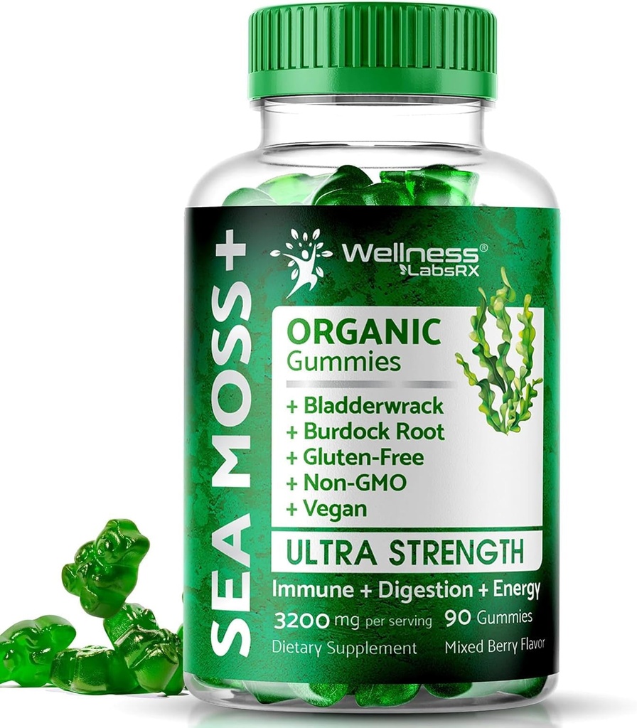 WELLNESS LABSRX Sea Moss Gummies, 3200mg Ierse Zee Mos Gemengde Berry Flavor met Maximale Potentie Bladderwrack en Burdock Root - Ondersteunt huid, energie en immuniteit - 90 Tel.