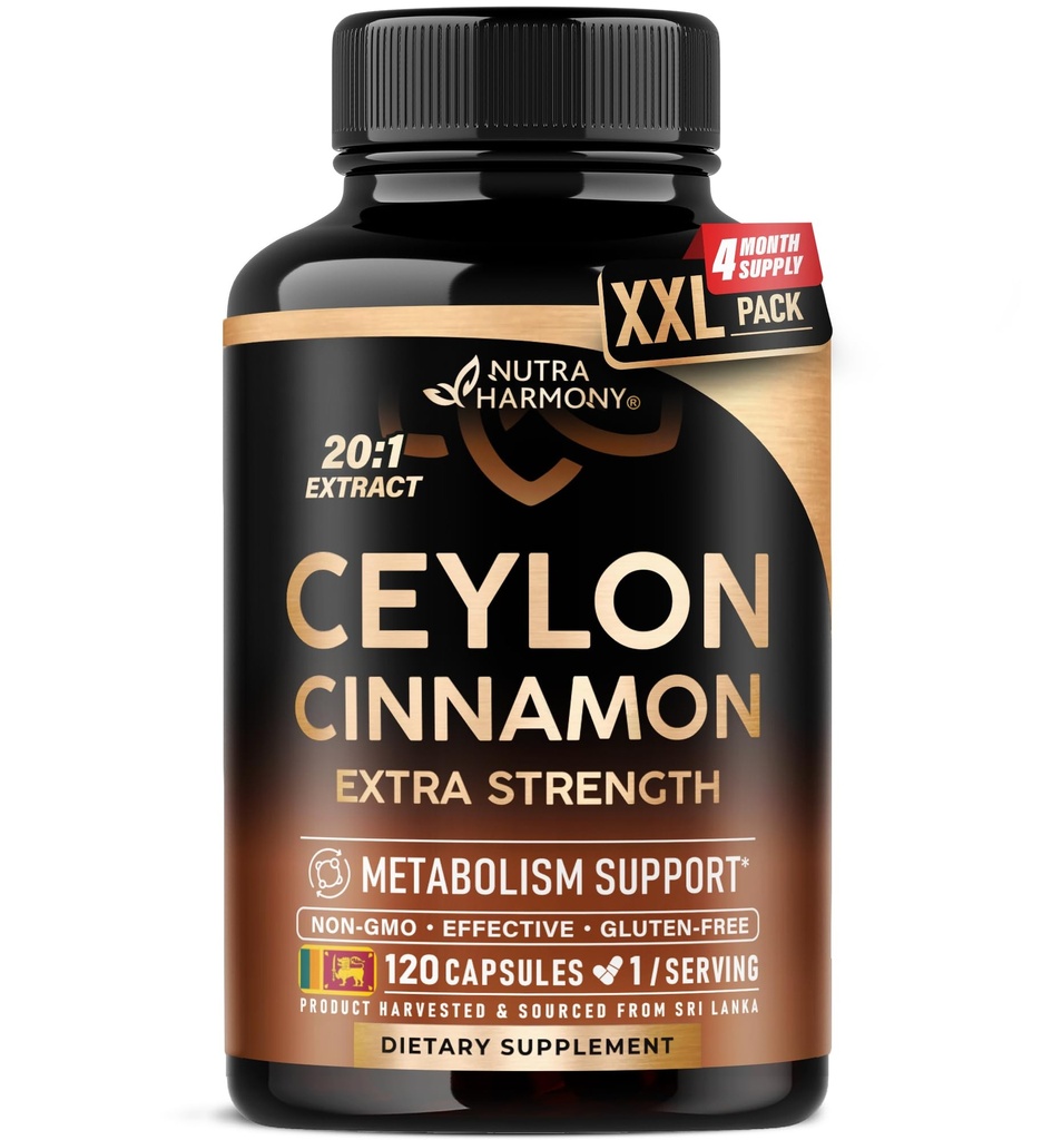Ceylon Cinnamon Capsules - Extra Strength - Energy, Heart & Metabolism Support - for Men & Women - Pure Natural Extract 20:1 Supplement - Made in USA - GMO & Gluten Free, 120 Capsules, 4 Month Supply