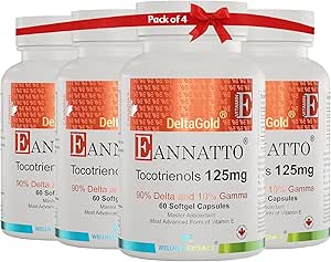 WELZIJN EXTRACT Eannatto Tocotrienolen Vitamine E-supplementen Tocoferolvrij, non-GMO, glutenvrij en antioxidant 125MG 60 Softgels (verpakking van 4)