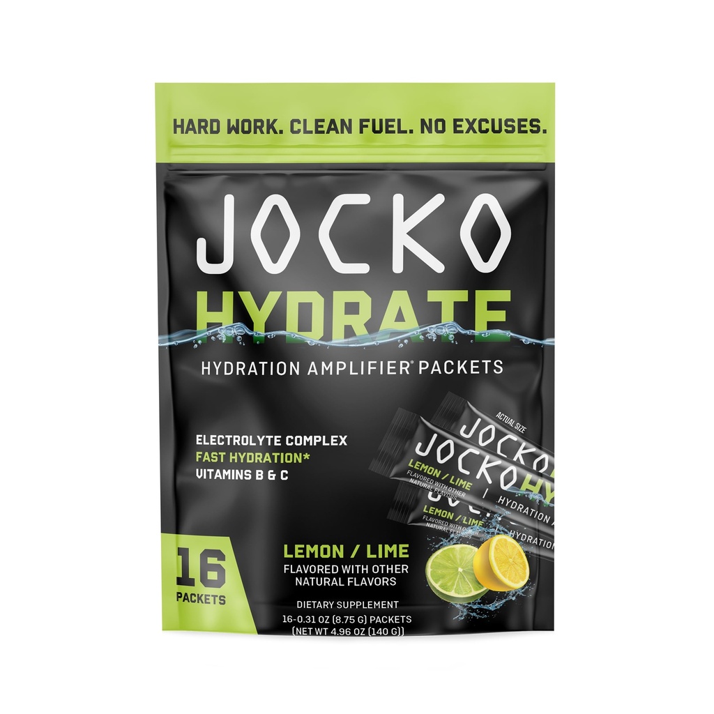 Jocko Fuel Packets Low Sugar - Hydration Amplifier Packets for Recovery, Dehydratation, & Oefening - with Vitamins B6, B12 & C (16 Packets) Lemon Lime