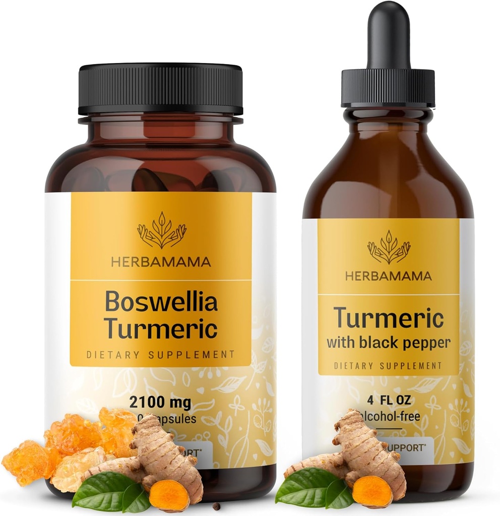 HERBAMAMA Boswellia and Turmeric Kit - Bundel van 2100 mg Boswellia Turmeric & Liquid Turmeric with Black Pepper Tinctuur 2 fl oz - Vegan, Non GMO, Sugar & Alcohol-Free - 2 Pack