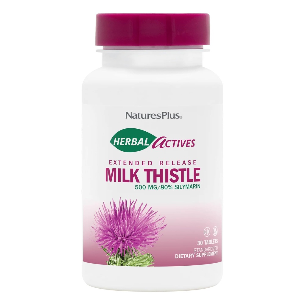 Natures Plus Herbal Actives Milk Thistle, Extended Release - 500mg, 80% Silymarin, 30 Vegetarische tabletten - Glutenvrij - 30 porties