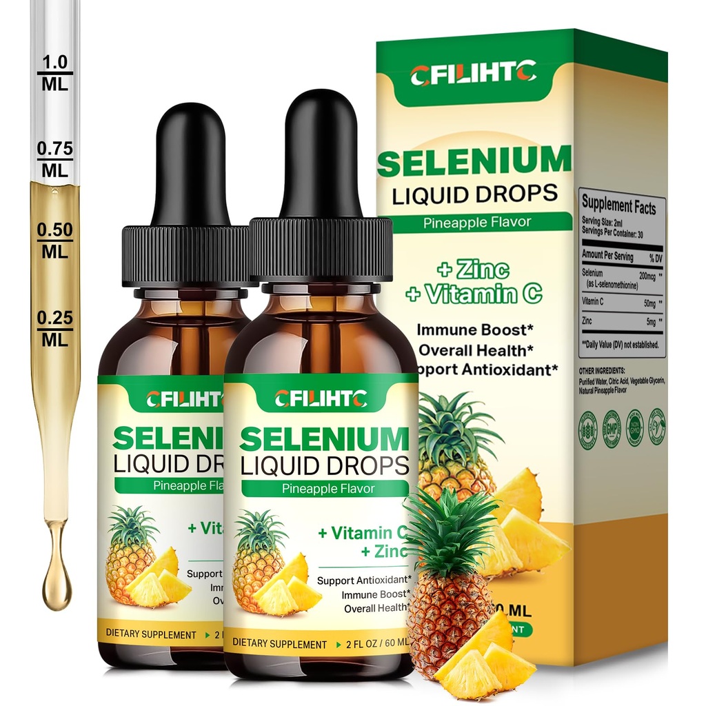 2 Pack Selenium Liquid Drops, 200mcg Liquid Selenium Supplement met vitamine C & Zink, Ondersteuning voor het immuunsysteem, Antioxidant & Heart Health, Hoge Absorptie, Ananas smaak