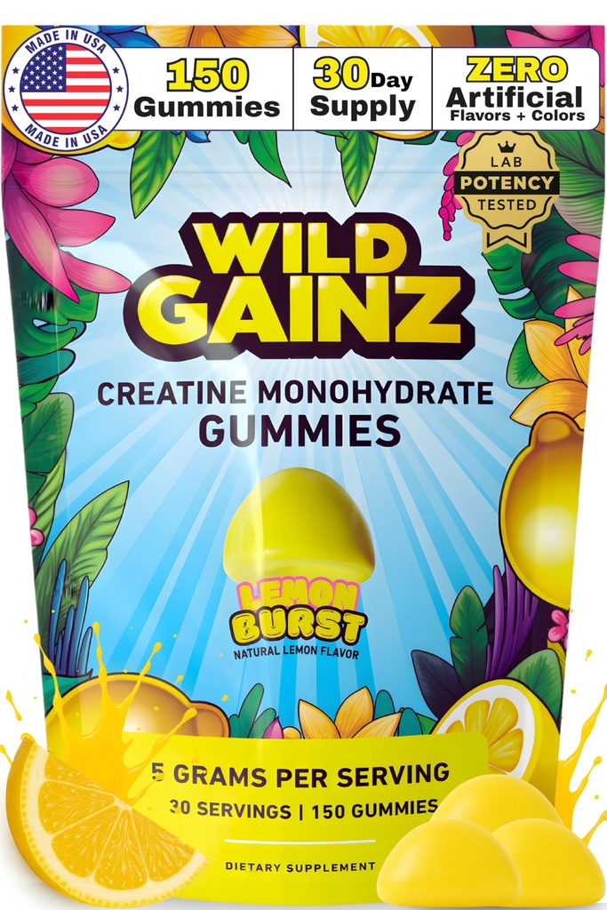 Creatine Monohydraat Gummies for Men & Women 5000mg - Made in USA, Potency Tested, Vegan, Ondersteunt spiergroei, sterkte en cognitieve functie, niet-GMO Glutenvrije citroen Flavored Creatine 150 Kauwen