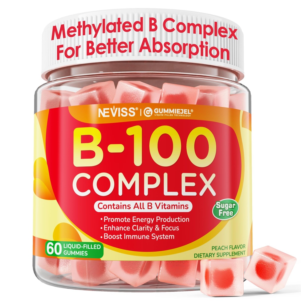 Super Vitamine B Complex Gummies - Alle B Vitaminen Inclusief Methyl B12, B1, B2, B3, B5, B6, Biotine, Methylfolaat met Vitamine C, Choline, Inositol, PABA voor Energie, Hersenen & Immuun Ondersteuning, Suikervrij