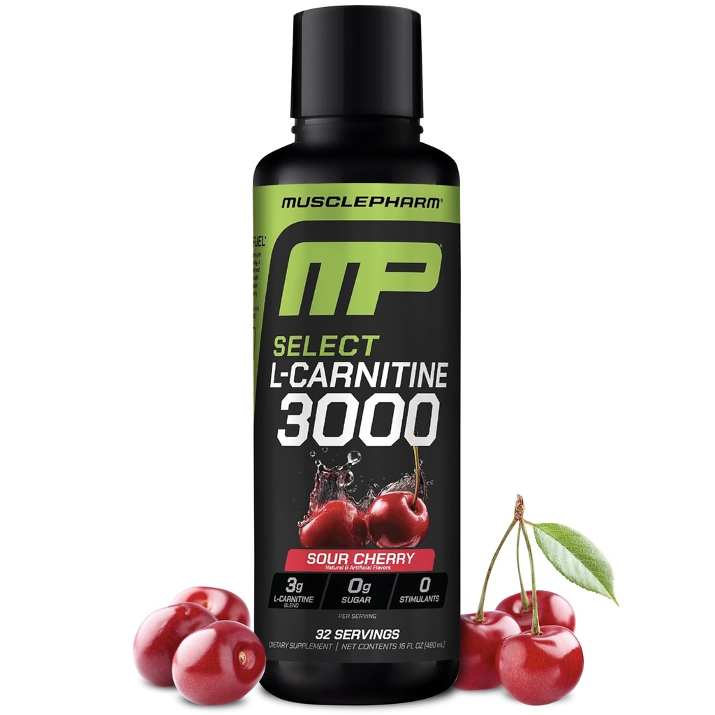 Muscle Pharm L-Carnitine 3000, De Ultimate Liquid L Carnitine Supplement voor hoge prestaties, Ondersteunt Metabolisme, Hydration & Energy, Zero Sugar, Lage Calorieën, Sour Cherry smaak, 32 Servers