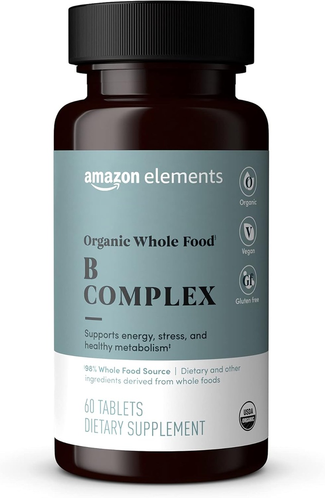 Elementen Organic Whole Food B Complex, 98% Whole Food Source, Dieet en andere ingrediënten afgeleid van hele voedingsmiddelen, 60 tabletten