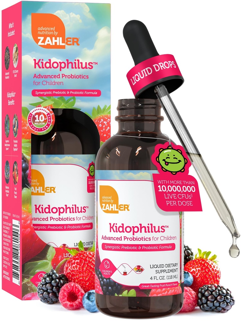 Zahler - Kidophilus Liquid Drops Probiotica voor kinderen (4 Fl Oz) Gecertificeerde Kosher Kids Probiotica voor gezonde spijsvertering & Immune Ondersteuning - Fruit Punch Flavored Children's Probiotic Drops Supplement