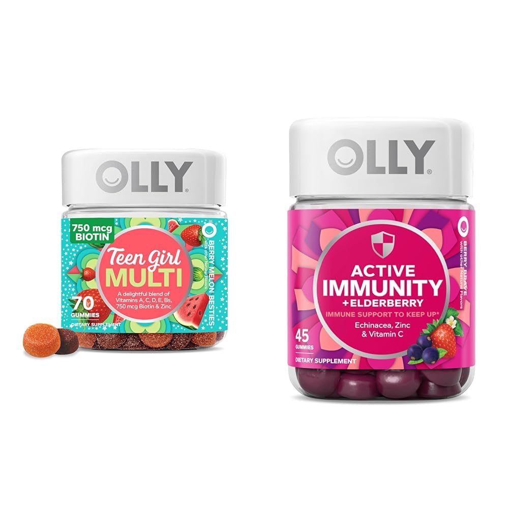OLLY Tienermeisje Multi Gummy, gezonde huid en Immuun Ondersteuning, 15 Essentiële Vitaminen, 70 Graaf Gummy Actieve Immuniteit + Vlierbessen, 45 Gummies, Berry smaak