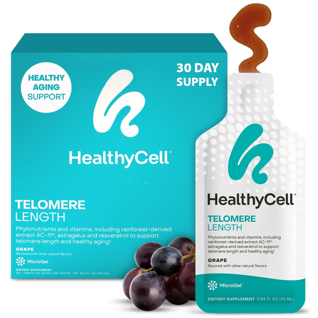 HealthyCell Telomere Lengte Supplement - Anti-Aging Telomere Verlengen Supplementen met Phytonutriënten & Vitaminen voor Cellular Health - AC-11, Astragalus & Resveratrol - 30 Gel Packs, Druivengearomatiseerd