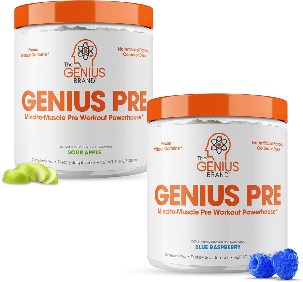 Genius Pre-Workout supplement bundel - Blue Raspberry & Sour Apple - Cafeine-Free/Stimulant-Free