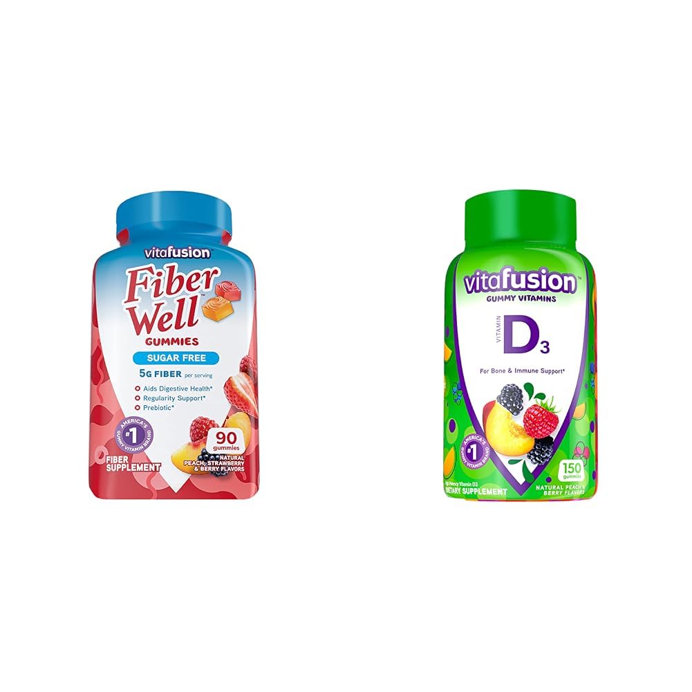 Vitafusion Fiber Well Sugar Free Fiber Supplement & Vitamine D3 Gummy Vitaminen voor Bone en Immuun Systeem Ondersteuning, Perzik, Blackberry en Aardbei Gearomatiseerd, 50 mcg Vitamine D, 75 dagen Supply, 150 Tellen